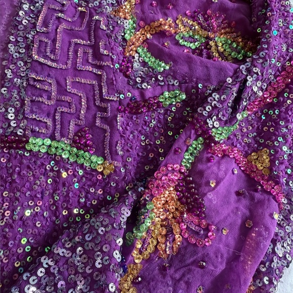 VINTAGE Hand Beaded Sequin Duster Coat Purple Sheer Maxi Evening Glam S/M - Picture 11 of 13
